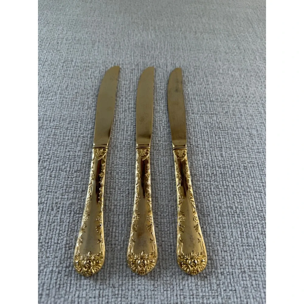 Vintage Wm Rogers & Son Golden Enchanted Rose Gold Electroplate Dinner Knives x3